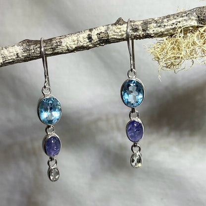 Faceted Oval Blue Topaz, Tanzanite & White Topaz Earrings