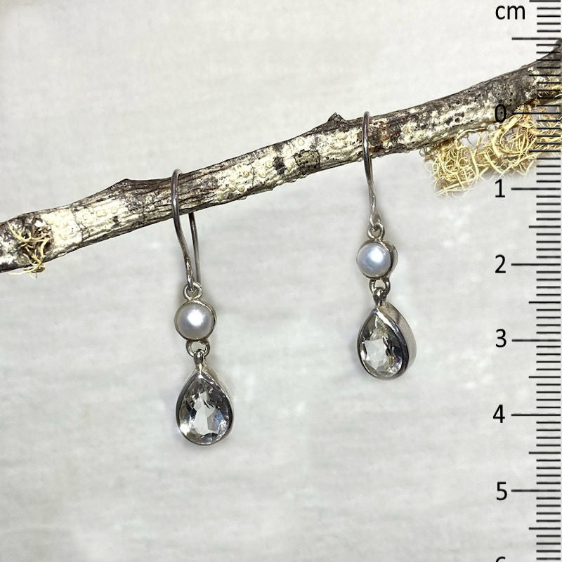 Combination Round Pearl & Faceted Teardrop Blue Topaz Earrings