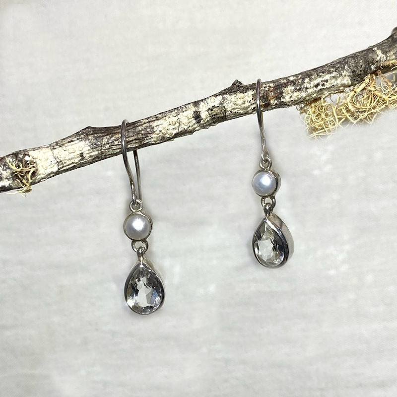 Combination Round Pearl & Faceted Teardrop Blue Topaz Earrings