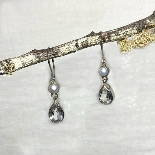 Combination Round Pearl & Faceted Teardrop Blue Topaz Earrings