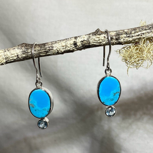 Oval Kingman Turquoise & Round Faceted Blue Topaz Earrings