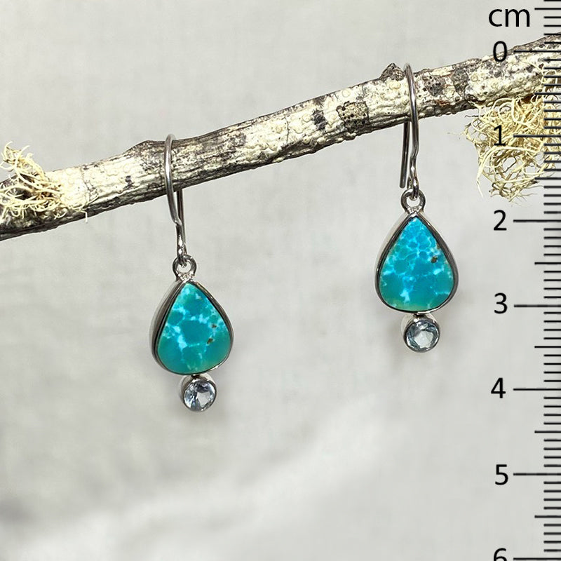 Teardrop Kingman Turquoise & Round Faceted Blue Topaz Earrings