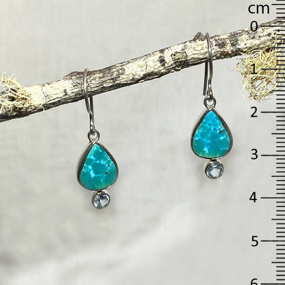 Teardrop Kingman Turquoise & Round Faceted Blue Topaz Earrings