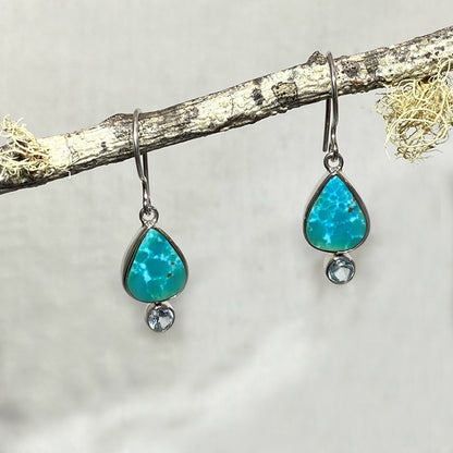 Teardrop Kingman Turquoise & Round Faceted Blue Topaz Earrings