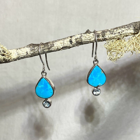 Teardrop Kingman Turquoise & Round Faceted Blue Topaz Earrings