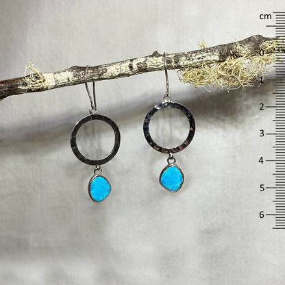 Round Hammered Sterling Silver & Freeform Kingman Turquoise Earrings