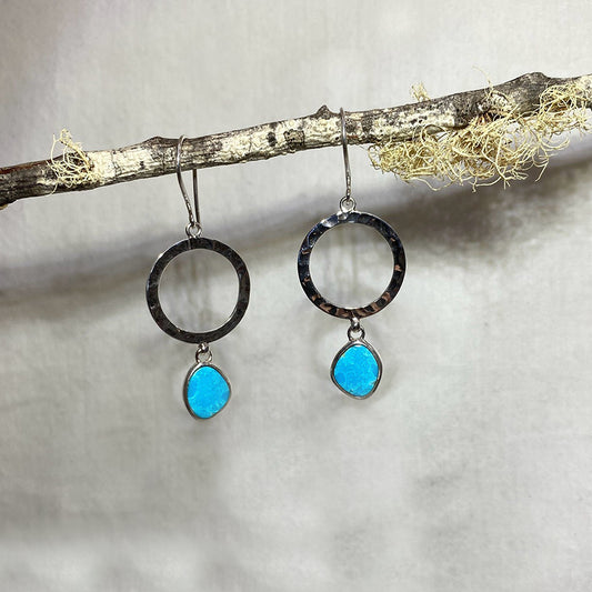 Round Hammered Sterling Silver & Freeform Kingman Turquoise Earrings