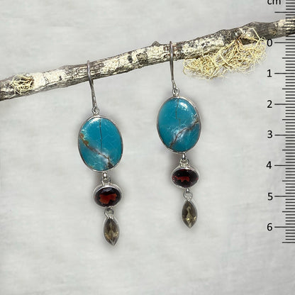 Combination Oval Turquoise, Faceted Oval Garnet & Faceted Marquese Smoky Quartz Earrings