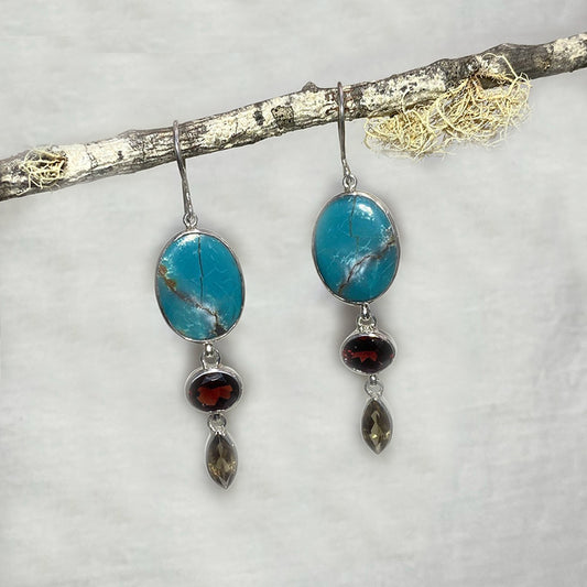Combination Oval Turquoise, Faceted Oval Garnet & Faceted Marquese Smoky Quartz Earrings