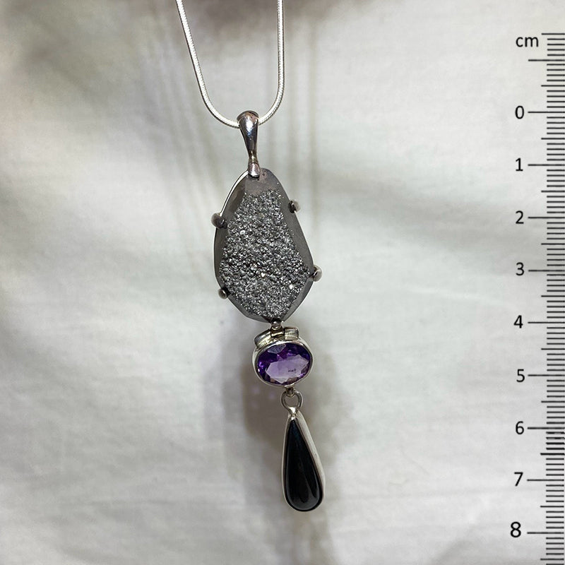 Combination Silver Druzy Quartz, Faceted Amethyst & Hematite Pendant