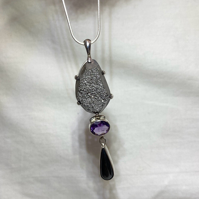 Combination Silver Druzy Quartz, Faceted Amethyst & Hematite Pendant