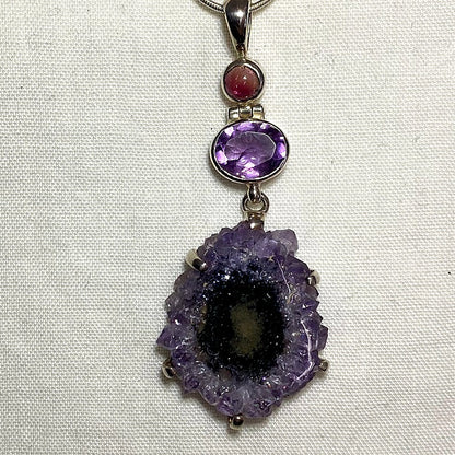 Combination Amethyst Flower, Faceted Oval Amethyst & Round Tourmaline Pendant