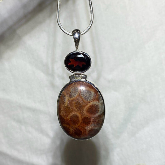 Faceted Garnet & Red Fossil Coral Pendant