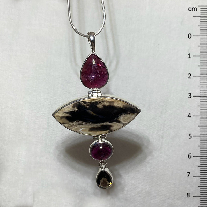 Combination Fossil Palm Root, Garnet & Smoky Quartz Pendant