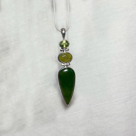 Combination Oval Faceted Peridot, Vesuvianite & Pear Shaped Canadian Jade Pendant
