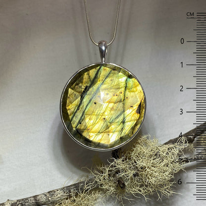 Round Faceted Green & Yellow Flash Labradorite Pendant