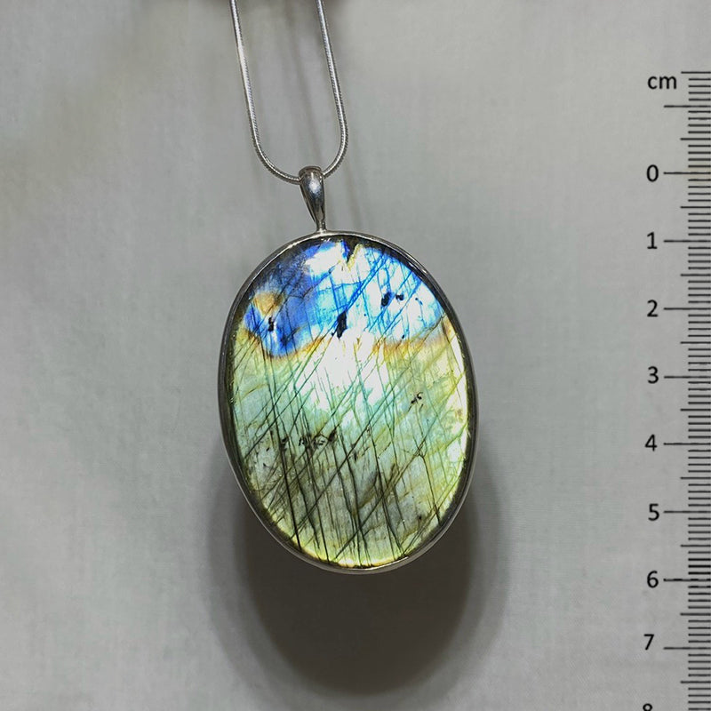 Oval Blue, & Green Flash Labradorite Pendant