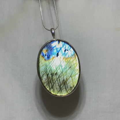 Oval Blue, & Green Flash Labradorite Pendant