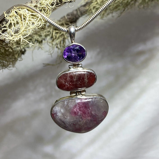 Combination Amethyst, Tourmaline and Lepidolite Pendant
