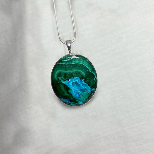 Oval Malachite in Chrysocolla Pendant