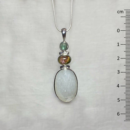 Combination Round Emerald Kyanite, Oval Tourmaline & Faceted Oval Moonstone Pendant