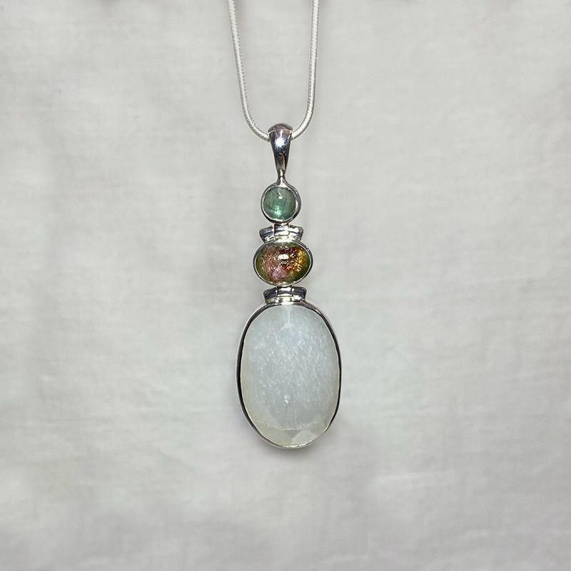 Combination Round Emerald Kyanite, Oval Tourmaline & Faceted Oval Moonstone Pendant