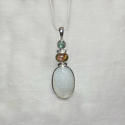Combination Round Emerald Kyanite, Oval Tourmaline & Faceted Oval Moonstone Pendant