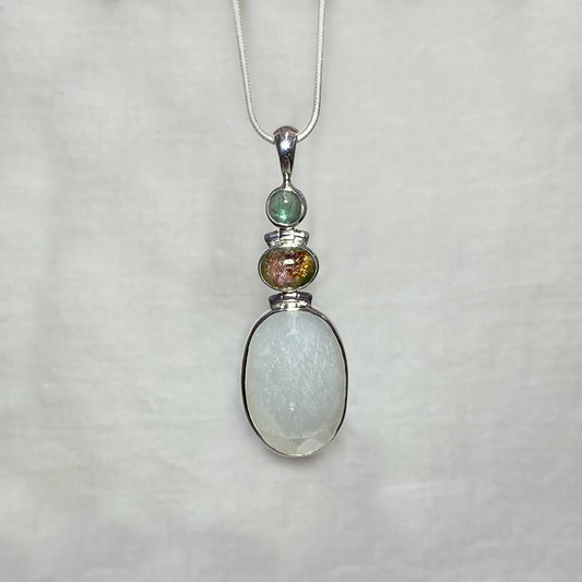 Combination Round Emerald Kyanite, Oval Tourmaline & Faceted Oval Moonstone Pendant