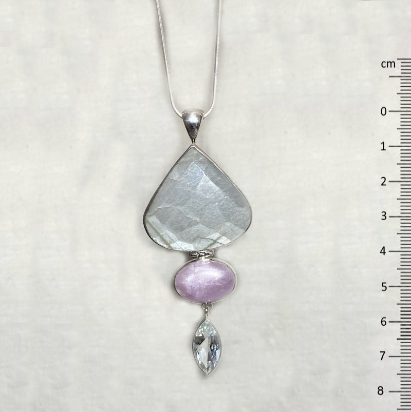 Combination Faceted Teardrop Moonstone, Oval Kunzite & Faceted Marquese White Topaz Pendant