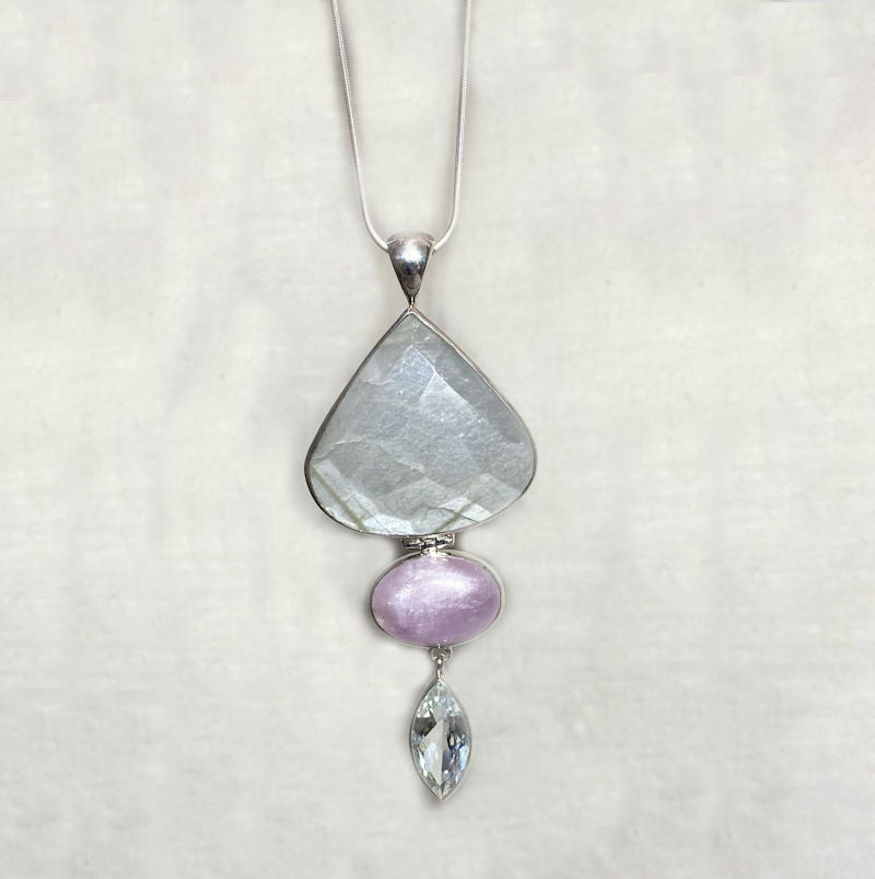 Combination Faceted Teardrop Moonstone, Oval Kunzite & Faceted Marquese White Topaz Pendant