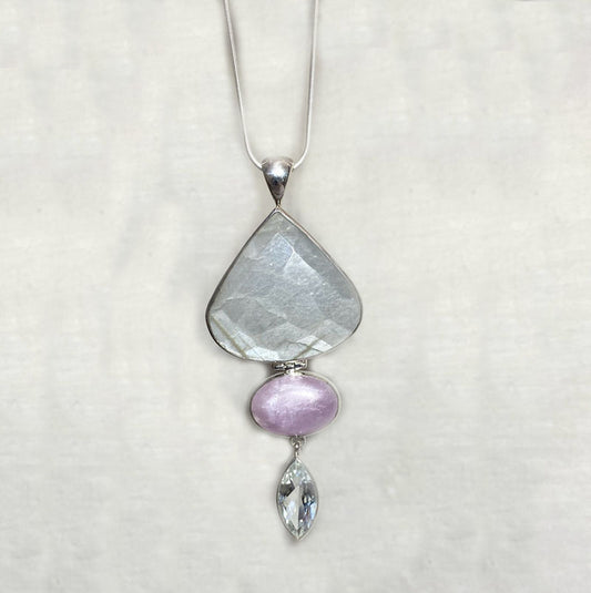 Combination Faceted Teardrop Moonstone, Oval Kunzite & Faceted Marquese White Topaz Pendant