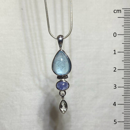 Teardrop Blue Topaz, Faceted White Topaz & Tanzanite Pendant