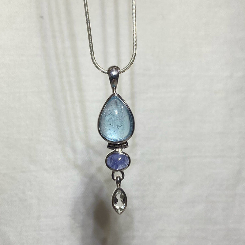 Teardrop Blue Topaz, Faceted White Topaz & Tanzanite Pendant