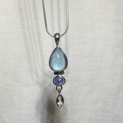 Teardrop Blue Topaz, Faceted White Topaz & Tanzanite Pendant