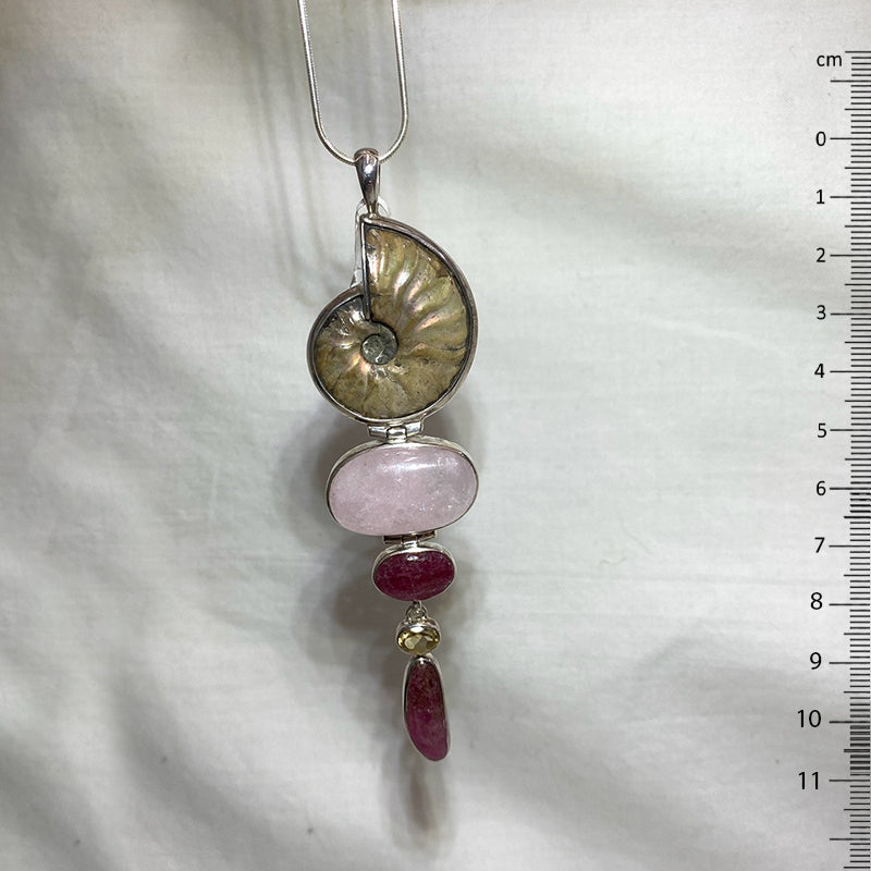 Combination Opal Ammonite, Morganite, Tourmaline & Faceted Citrine Pendant