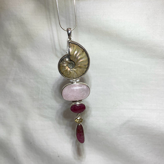 Combination Opal Ammonite, Morganite, Tourmaline & Faceted Citrine Pendant