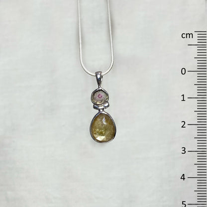 Combination Freeform Watermelon Tourmaline & Faceted Teardrop Golden Sapphire Pendant