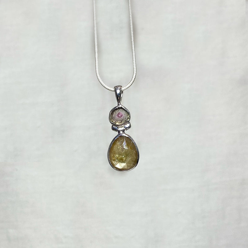 Combination Freeform Watermelon Tourmaline & Faceted Teardrop Golden Sapphire Pendant