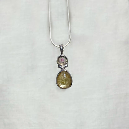 Combination Freeform Watermelon Tourmaline & Faceted Teardrop Golden Sapphire Pendant