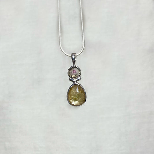 Combination Freeform Watermelon Tourmaline & Faceted Teardrop Golden Sapphire Pendant