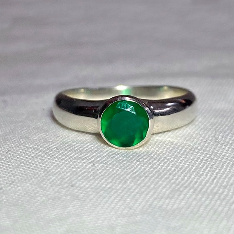 Faceted Round Green Chalcedony Ring- Size 6.5