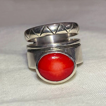 Oval Red Coral Ring- Size 8