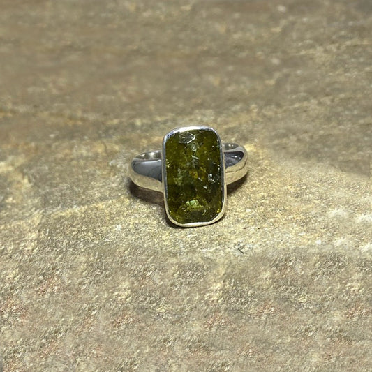 Rectangle Faceted Grossular Garnet Ring- Size 7.5