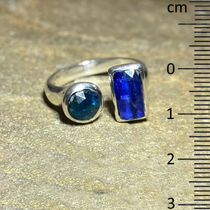 Combination Round Faceted Ocean Kyanite & Rectangle Faceted Blue Kyanite Ring- Size 7.5