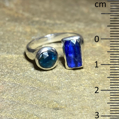 Combination Round Faceted Ocean Kyanite & Rectangle Faceted Blue Kyanite Ring- Size 7.5