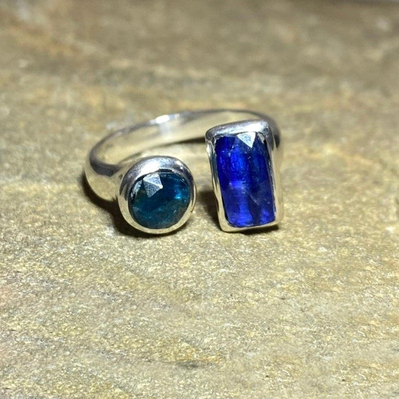 Combination Round Faceted Ocean Kyanite & Rectangle Faceted Blue Kyanite Ring- Size 7.5