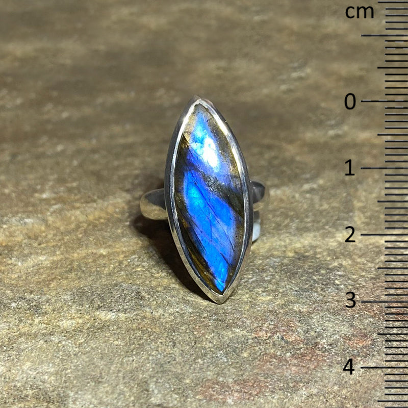 Marquise Shaped Blue Flash Labradorite Ring- Size 7.5