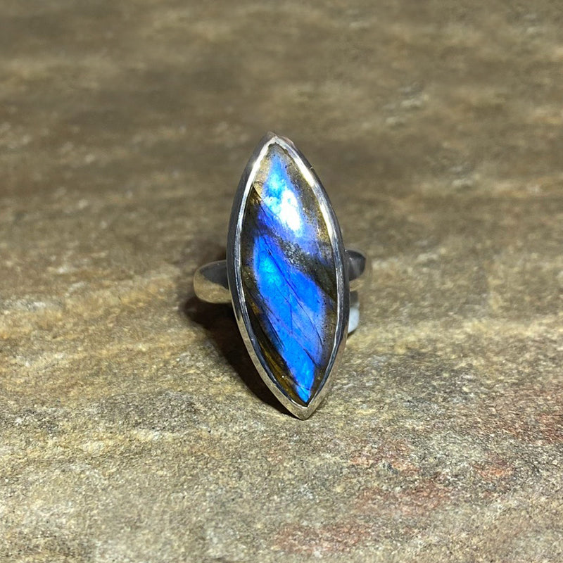 Marquise Shaped Blue Flash Labradorite Ring- Size 7.5