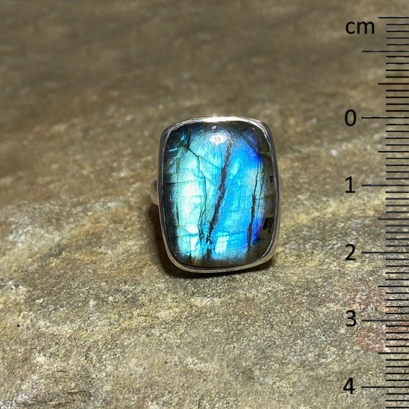 Rectangle Blue Flash Labradorite Ring- Size 8.5