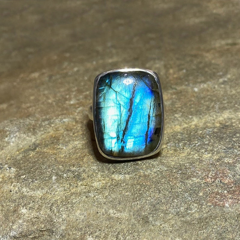 Rectangle Blue Flash Labradorite Ring- Size 8.5